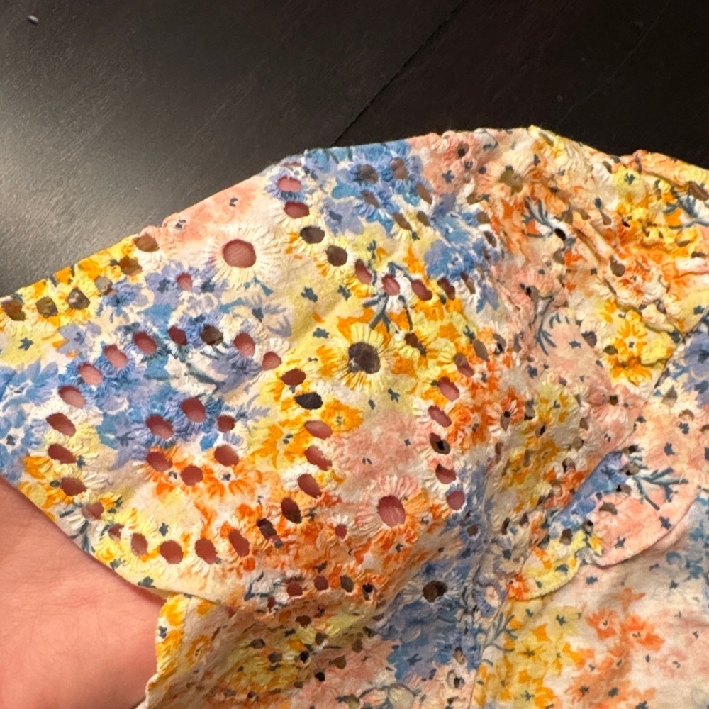 LOFT Floral Blouse with Lace Sleeves - Blue, Yellow, Orange - Picture 3 of 4